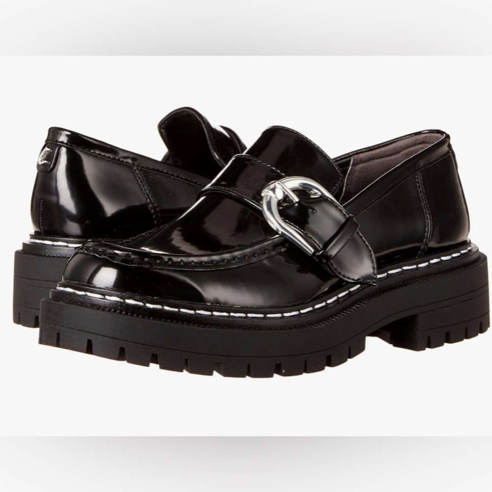 Circus by Sam Edelman Glossy Black Loafers with Silver Buckle